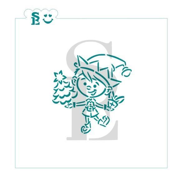 Teal-colored cut-out stencil of a cartoon elf holding a christmas tree for elf pyo se stencil crafting