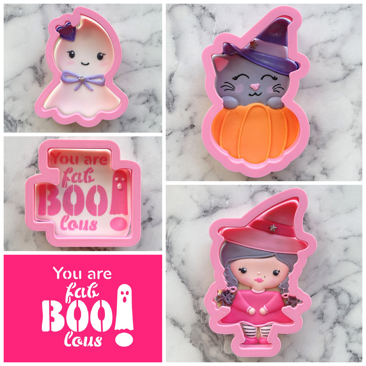 Pink silicone halloween-themed cookie cutters with ghost witch cat and girl designs from fab-boo-lous cookie cutter bundle