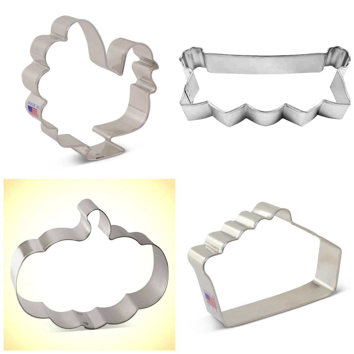 Set of four stainless steel fall cookie cutters shaped like turkey pumpkin and two leaves for Thanksgiving decorating class