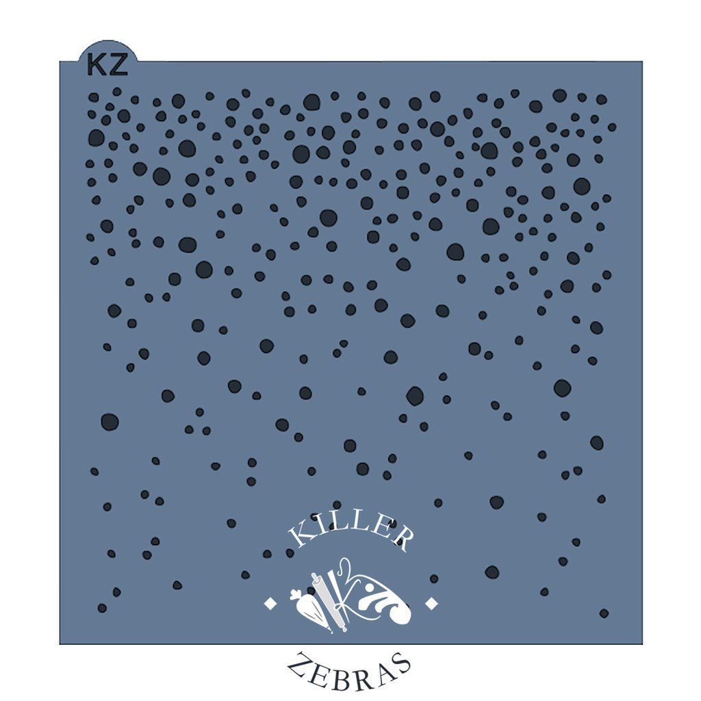 Blue square falling snow kz stencil with black scattered dots and killer zebras logo at the bottom