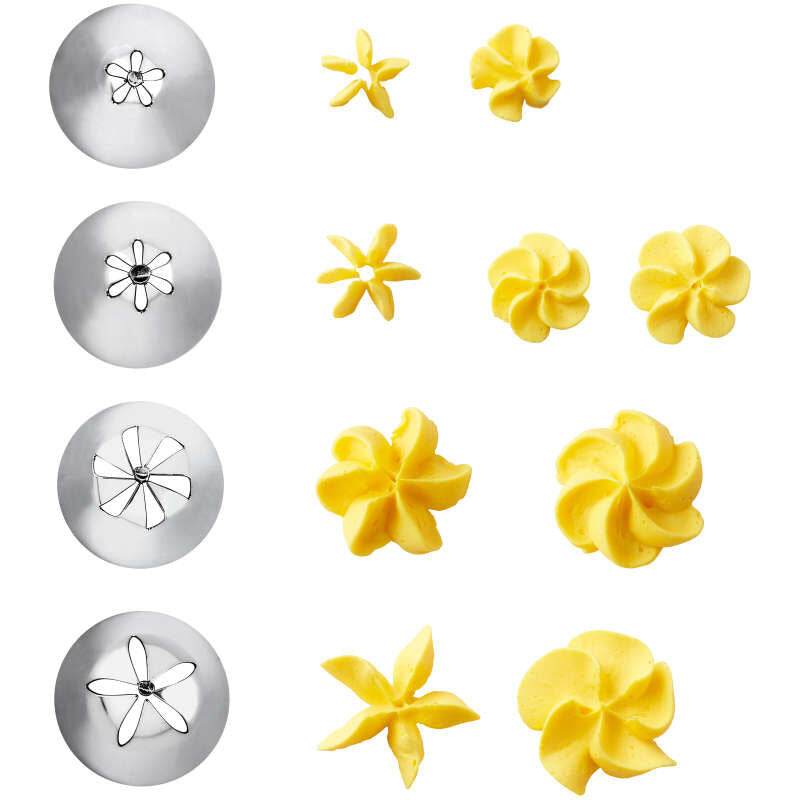 Wilton 4pc drop flower tip set with four stainless steel tips and matching yellow buttercream samples for decorating