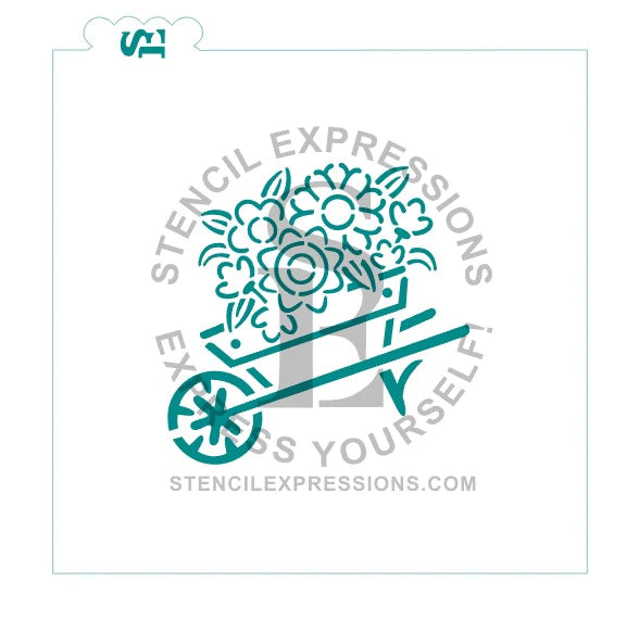 Teal floral wheelbarrow stencil with intricate petal and leaf patterns for spring summer garden PYO SE crafts
