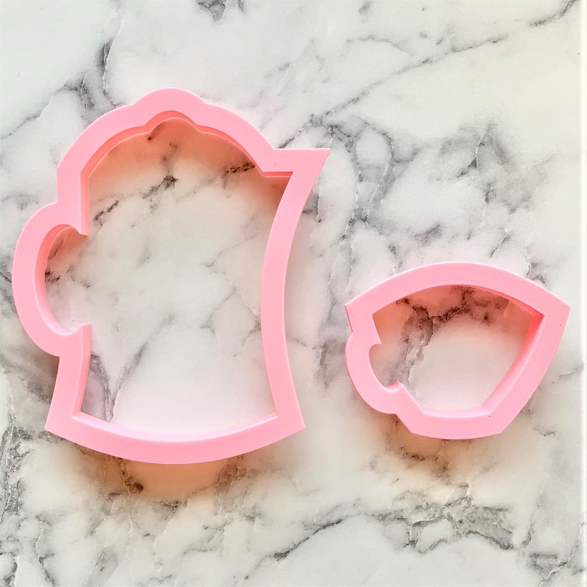 Pink silicone French press and mini coffee cup cookie cutters for baking and crafting sets