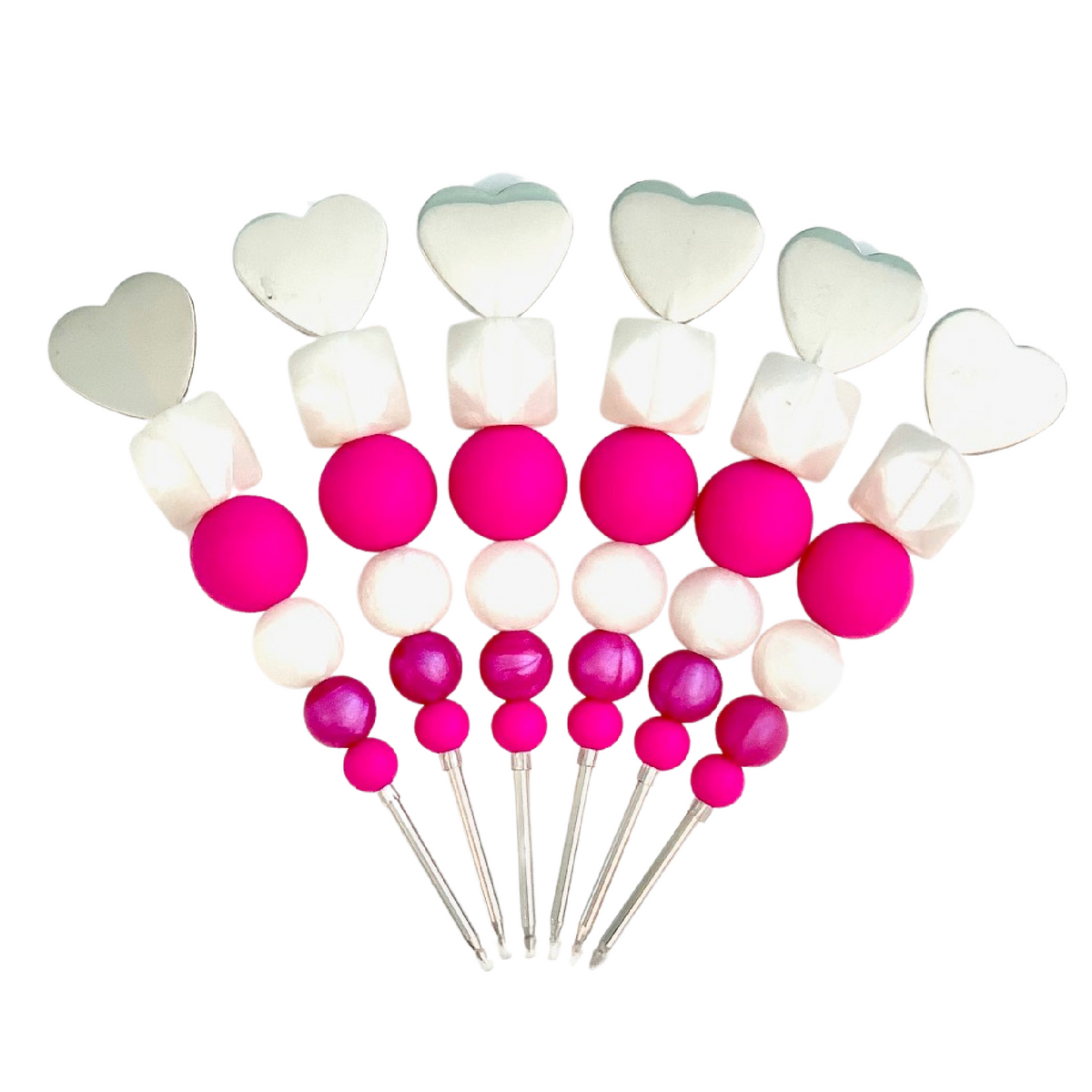 Pink and white heart-shaped mirror skewers with faceted beads for classic chic fuchsia cookie scribe decoration