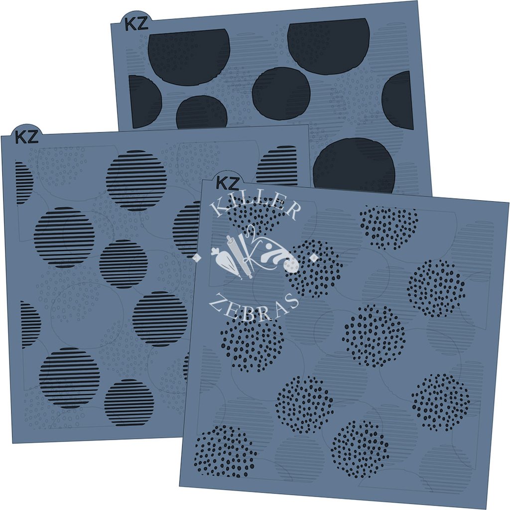 Set of three blue glam dots stencils with circular patterns featuring killer zebras brand logo for nail art designs