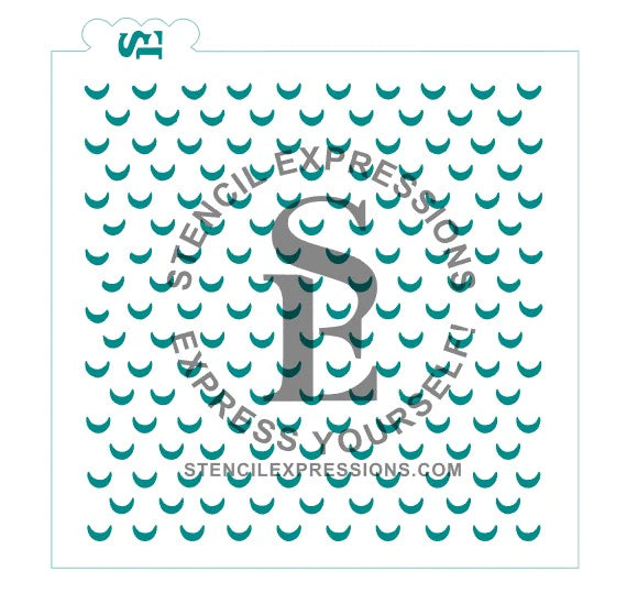Teal crescent moon golf ball background se stencil with central gray s logo and stencil expressions text around it