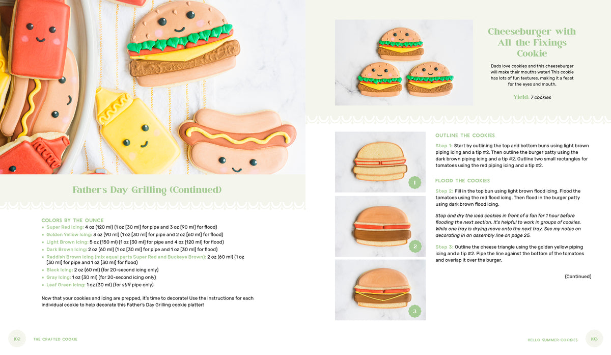 Cheeseburger-shaped cookies with smiling faces decorated with colorful icing by Anne Yorks from the crafted cookie