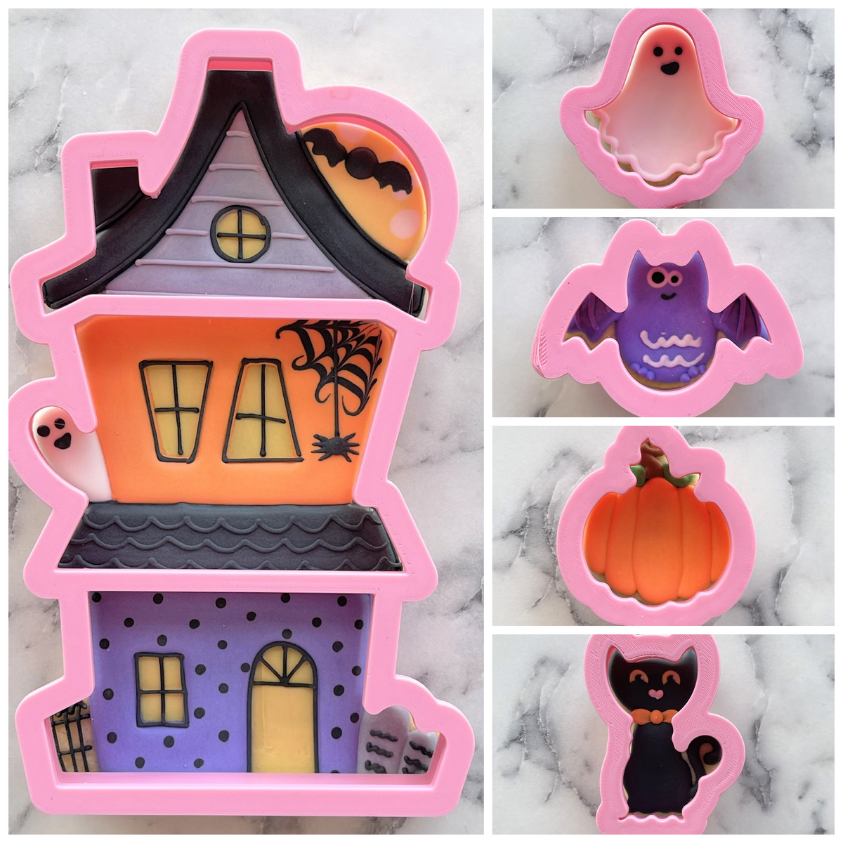 Pink silicone haunted house 3-in-1 multi-cookie cutter with black roof and Halloween-themed details for baking