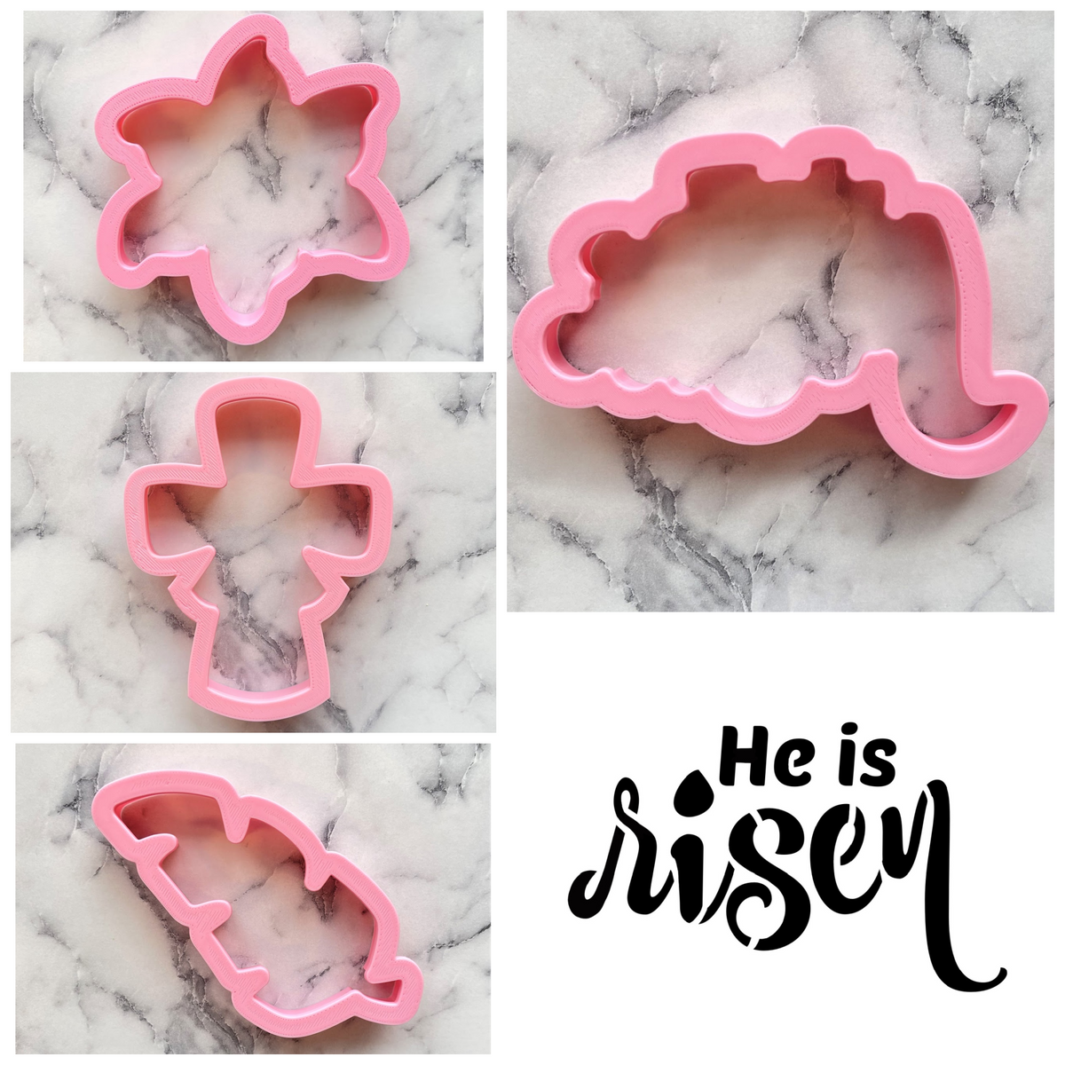 Pink plastic cookie cutters set shaped like star cloud cross and fish with he is risen stencil for Easter baking