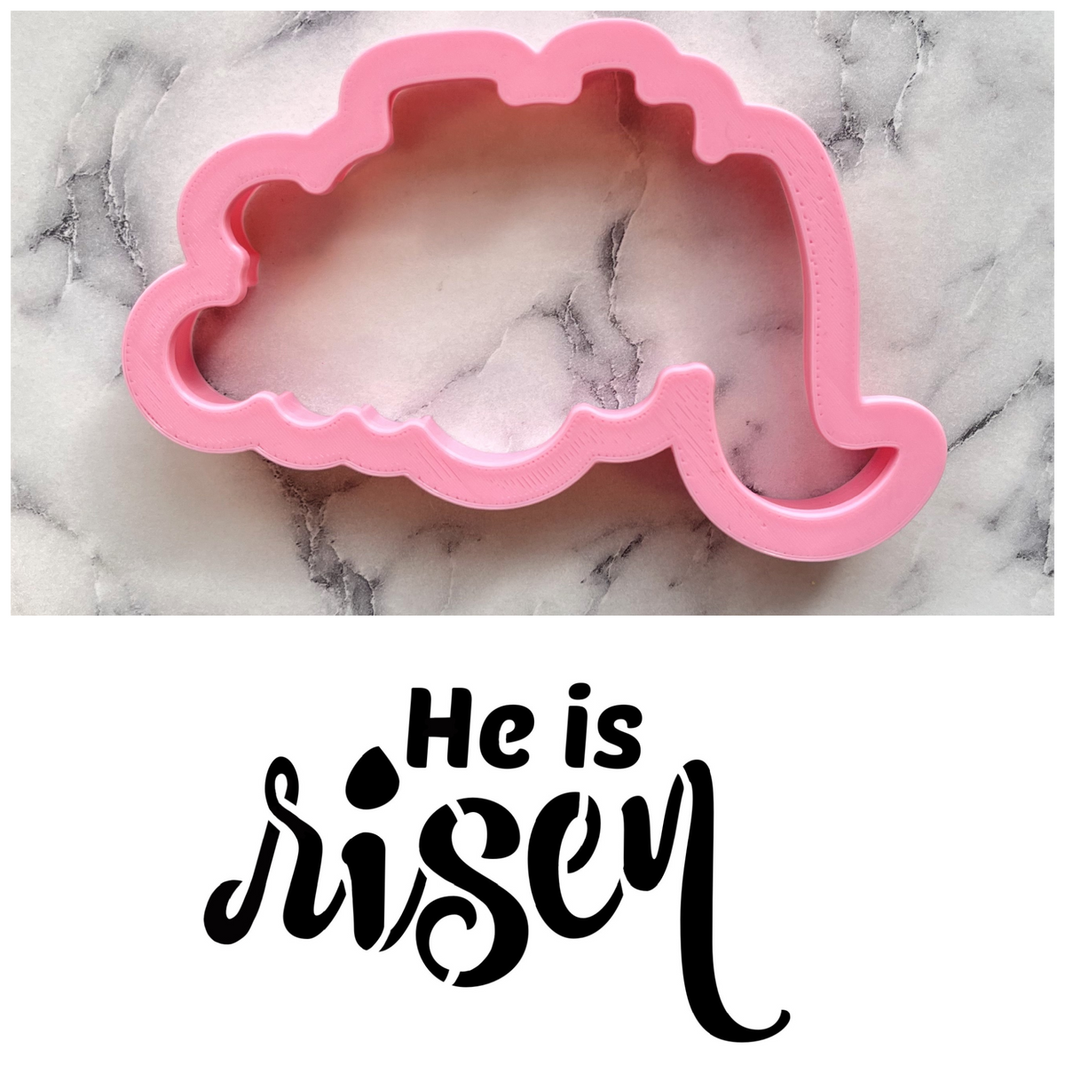 Pink cloud-shaped metal cookie cutter with stencil for he is risen plaque baking and decorating use
