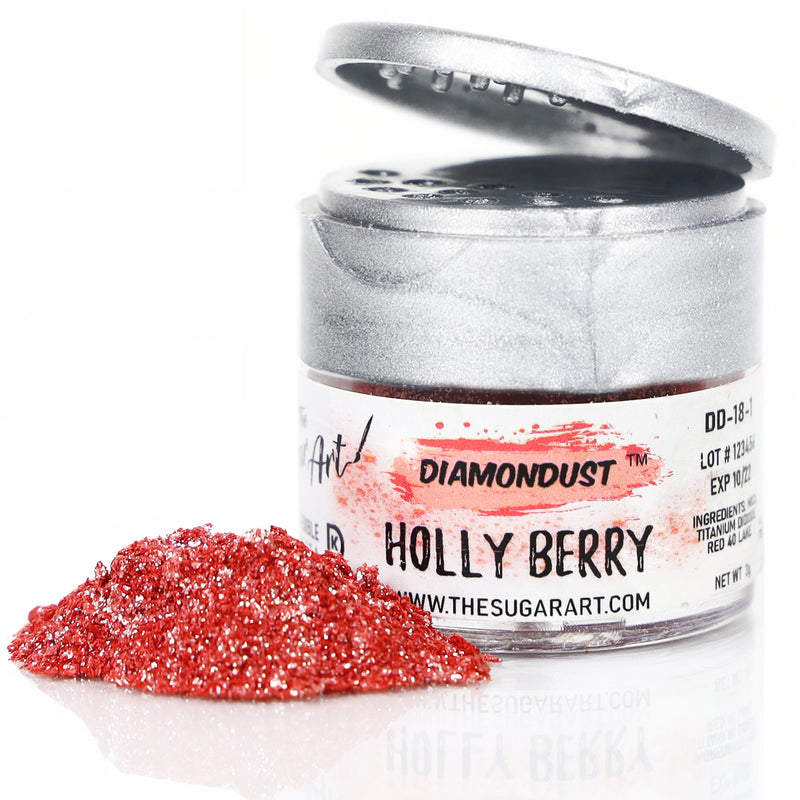 A vibrant red sparkling glitter dust in a sleek silver container labeled holly berry by The Sugar Art Diamondust