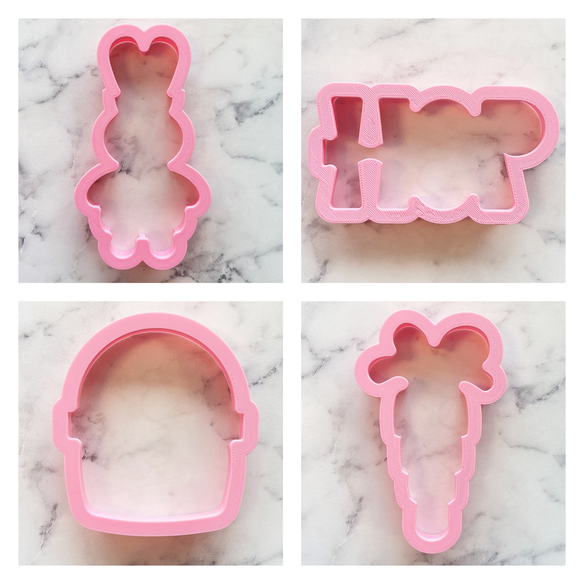 Pink plastic bunny happy egg and carrot shaped cookie cutters in hop easter cookie cutter bundle