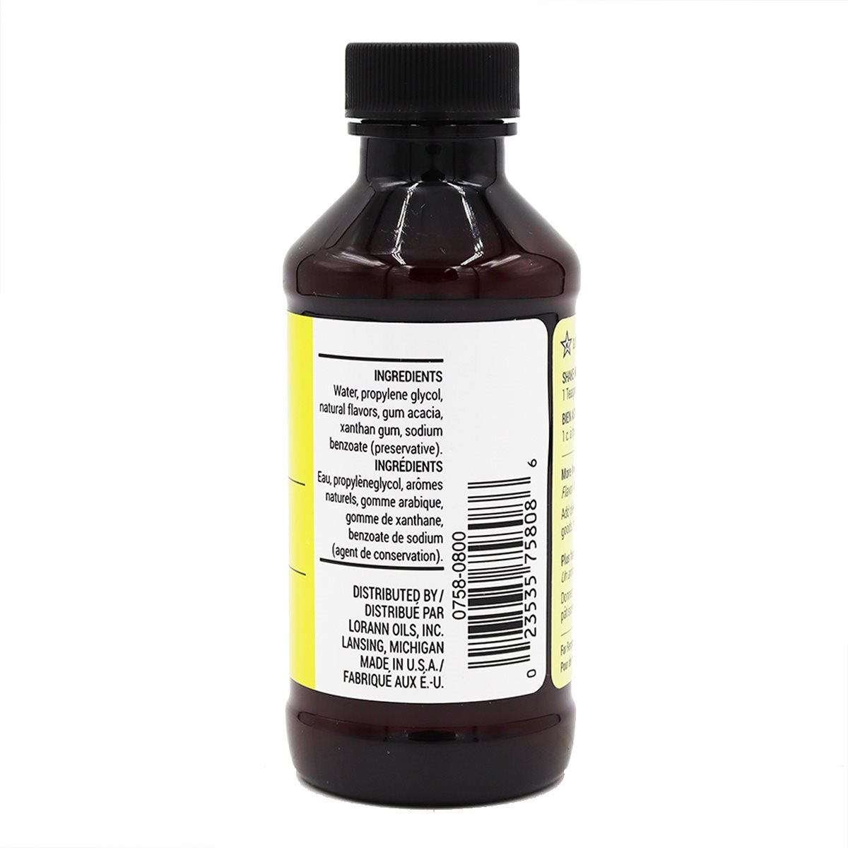 Dark amber glass bottle of lemon lorann baking emulsion 4 oz with black cap and bilingual ingredient label