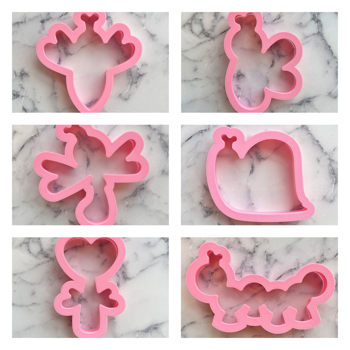 Set of six pink silicone lovebug cookie cutters shaped like princess butterfly dragonfly snail fairy and caterpillar