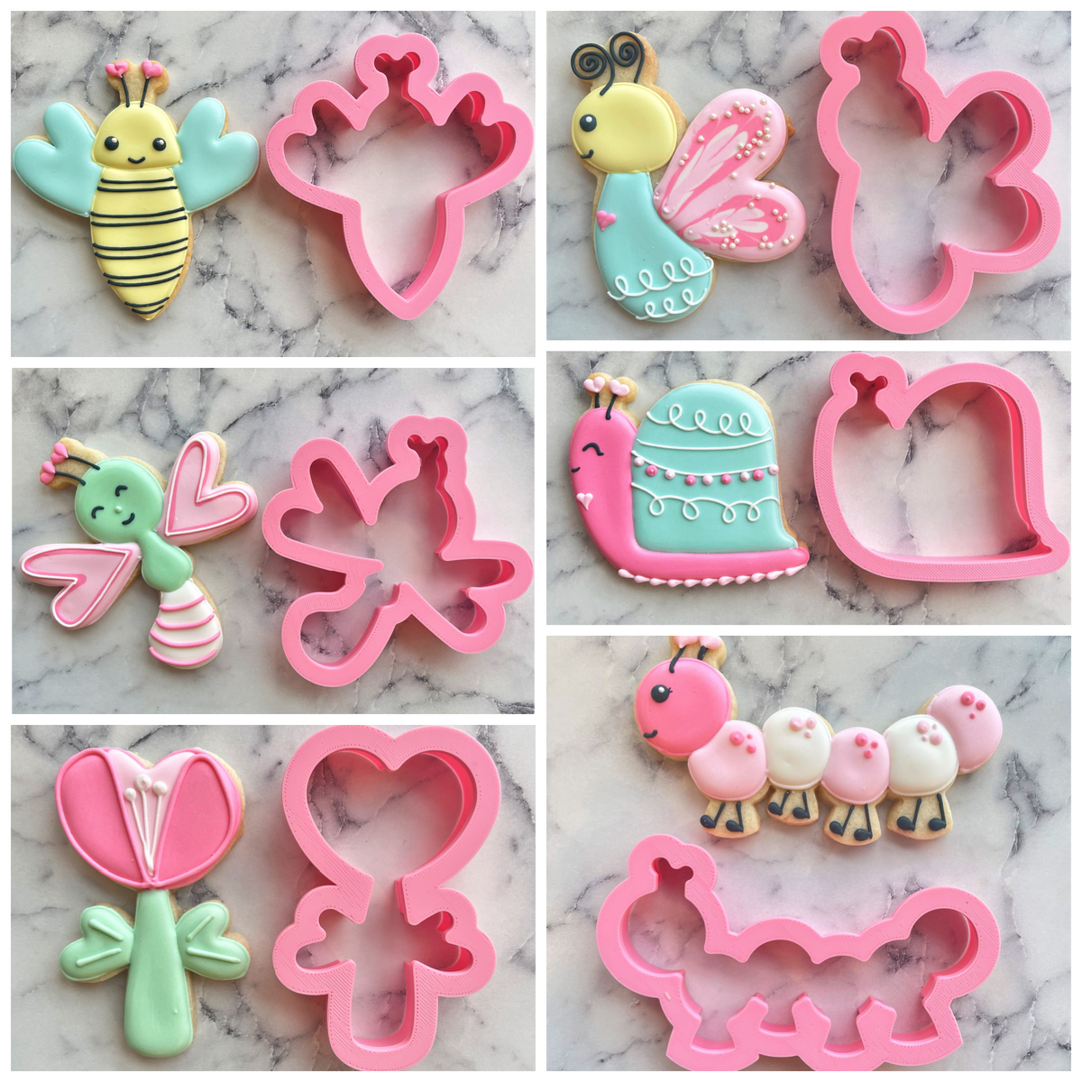 Lovebug cookie cutter set with pink silicone bee butterfly snail and caterpillar shapes for baking and crafting