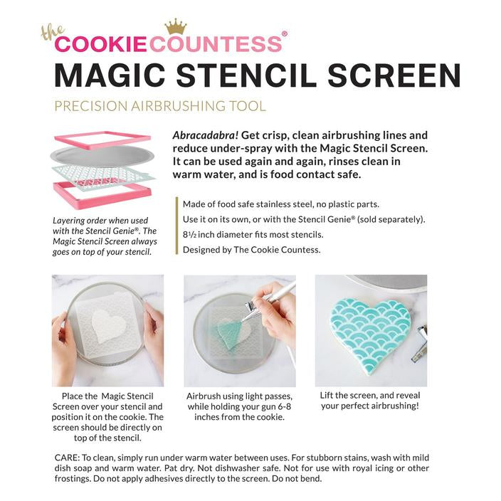 The cookie countess magic stencil screen is a pink and silver food-safe stainless steel airbrushing tool with an 8½-inch diameter