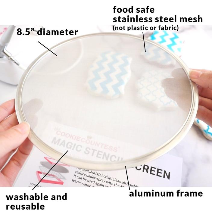 Magic stencil screen is a circular 8.5-inch food-safe stainless steel mesh screen with an aluminum frame for reusable baking tasks