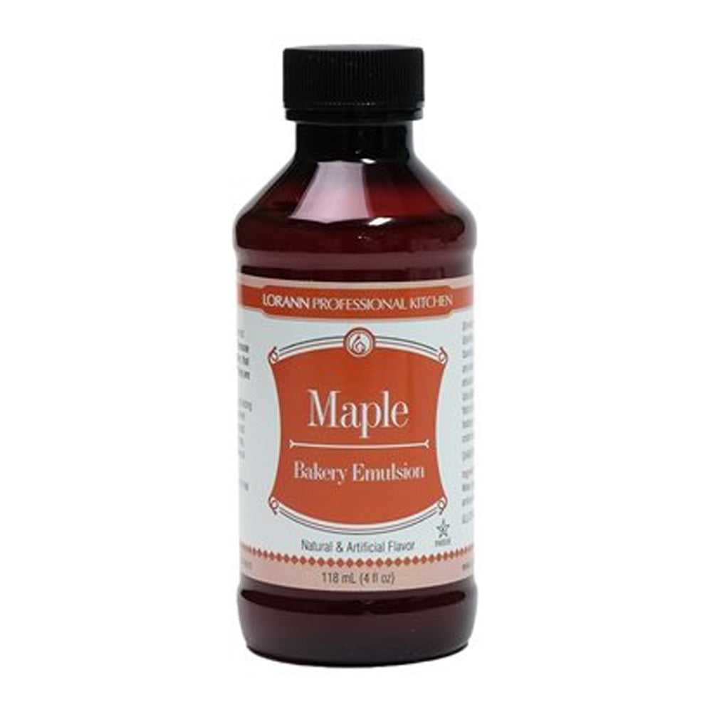 A dark amber glass bottle with black cap and orange white label of lorann professional kitchen maple bakery emulsion 4 oz