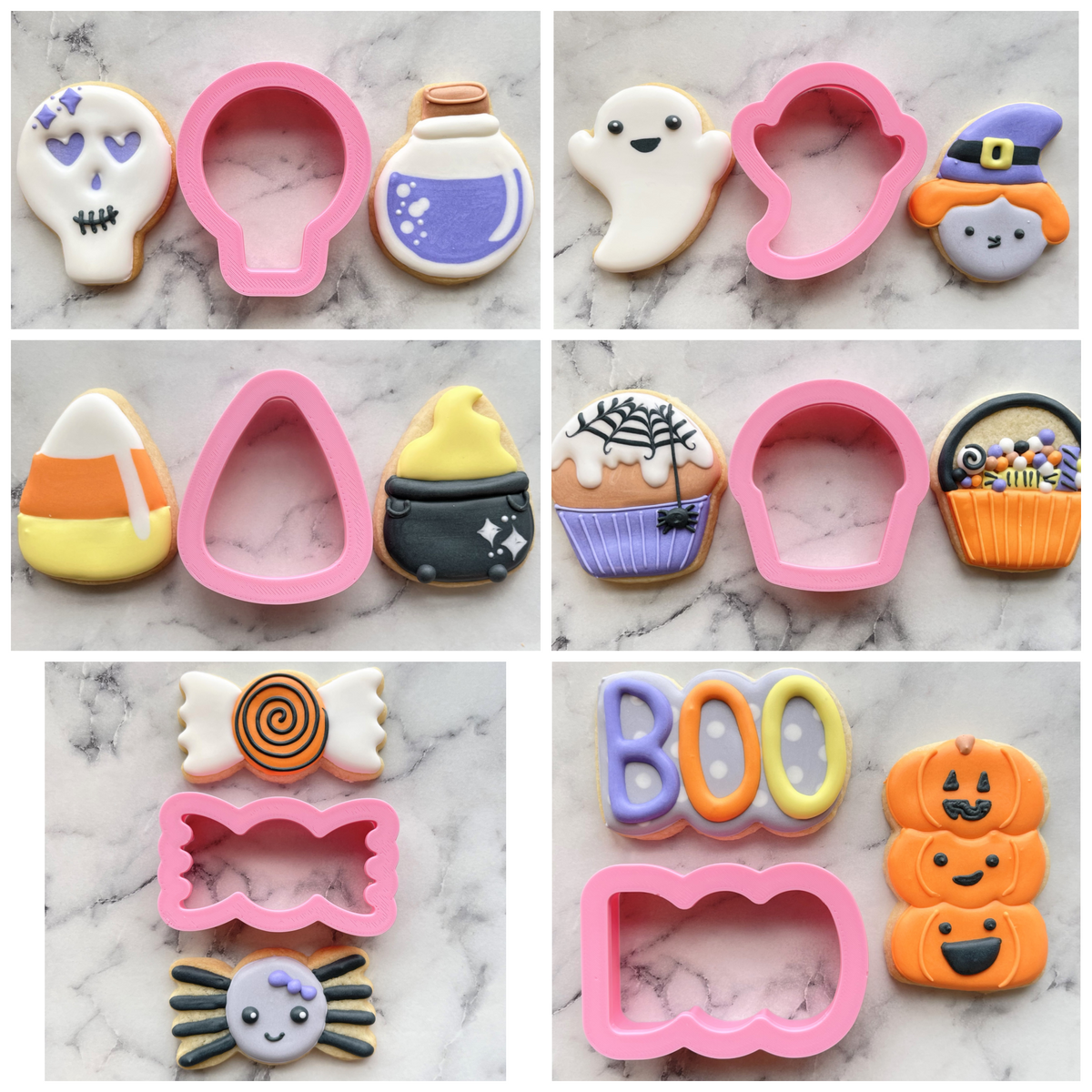 Set of pink silicone halloween cookie cutters with spooky skull ghosts witches pumpkins and candy corn designs