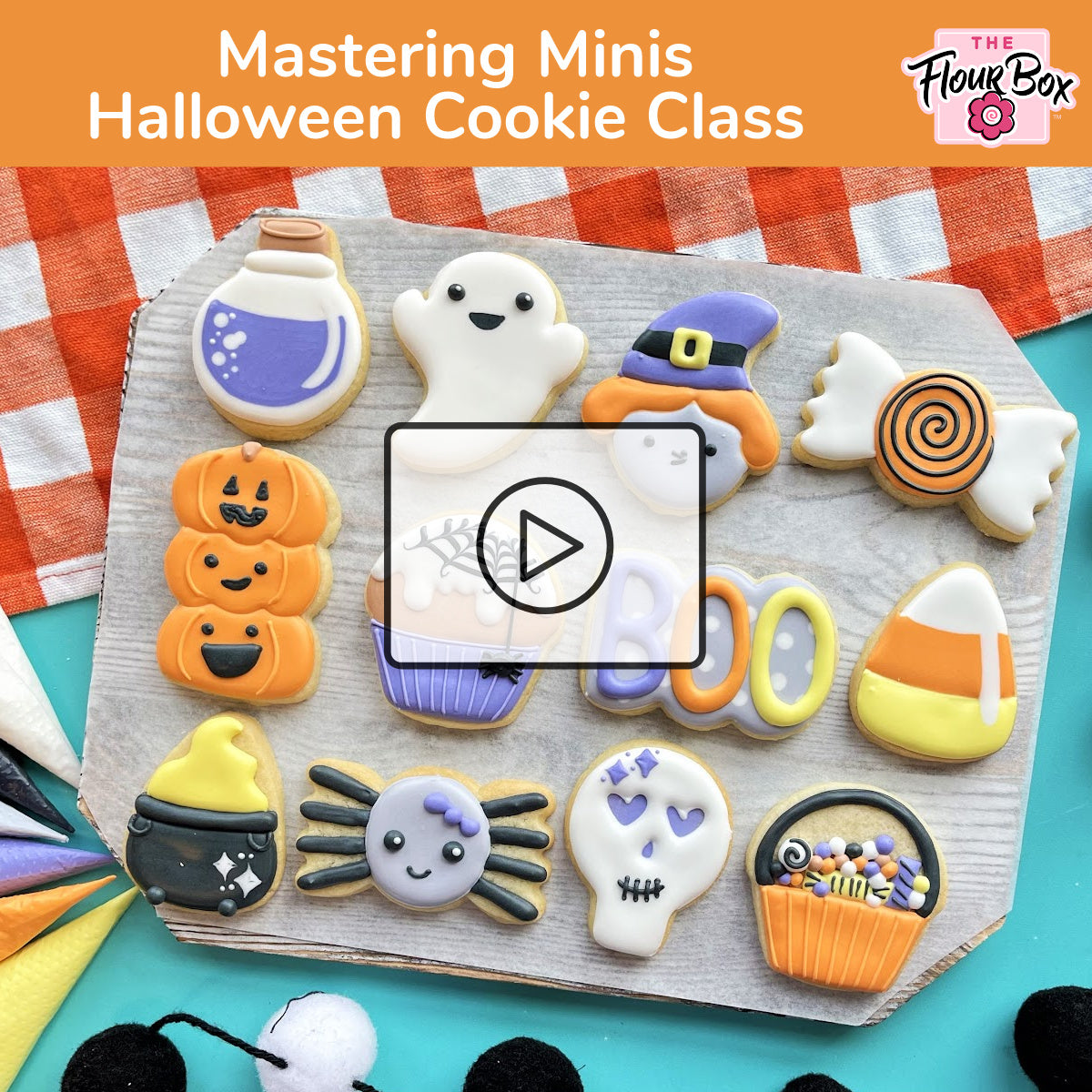 A collection of colorful halloween-themed sugar cookies with ghosts witches pumpkins and spiders from mastering minis class recording