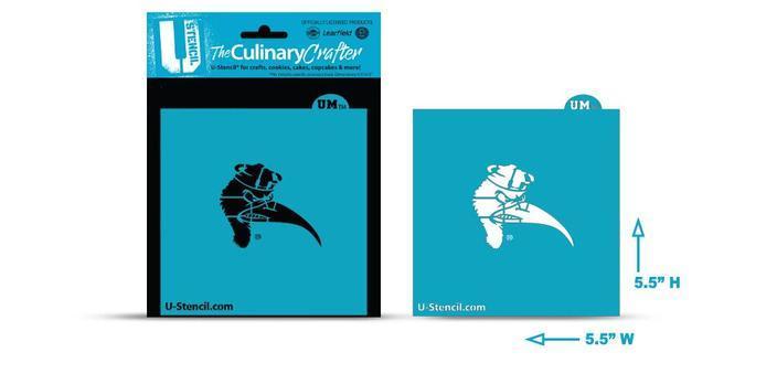Blue plastic stencil of a black chef silhouette with tall hat and apron from university of miami sebastian college