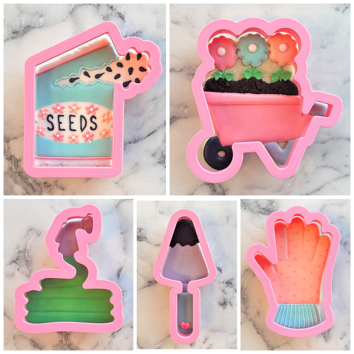 Pink silicone gardening mother’s day cookie cutter set shaped like seed packet garden cart watering can trowel and glove