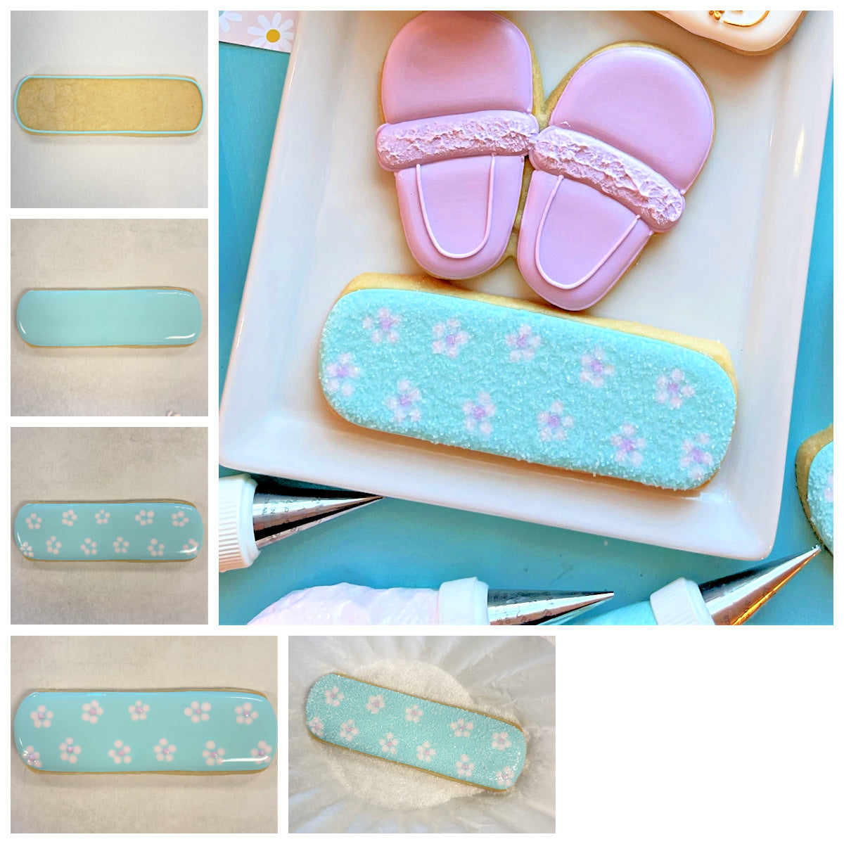 Pastel blue rectangular nail file cookie cutter with white floral icing and gold border shaped like baby slippers