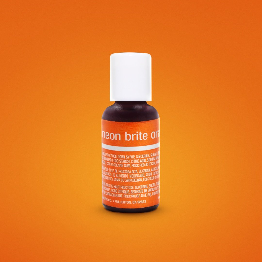 A small bottle of neon brite orange .70oz chefmaster liqua-gel food coloring with white cap and orange label