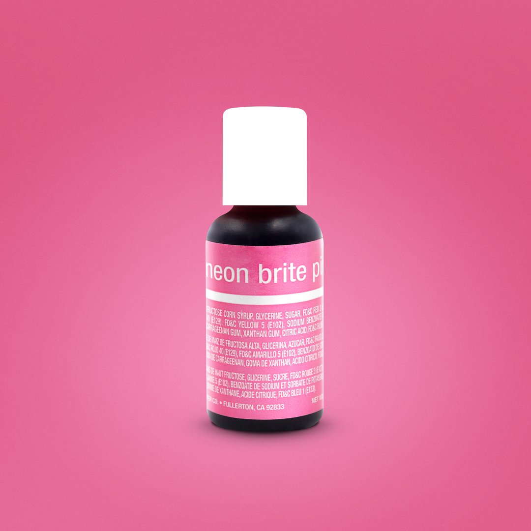 A small bottle of neon brite pink .70oz chefmaster liqua gel food coloring with bilingual ingredients label