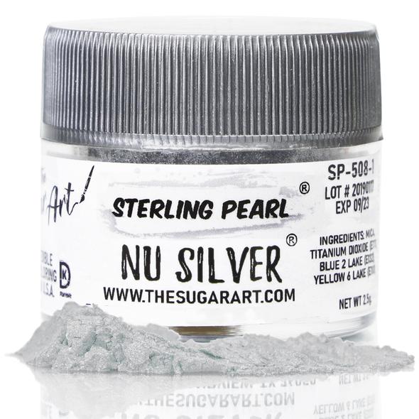 Nu Silver The Sugar Art luster dust sterling pearl edible glitter in clear jar with silver ribbed lid for cake decorating