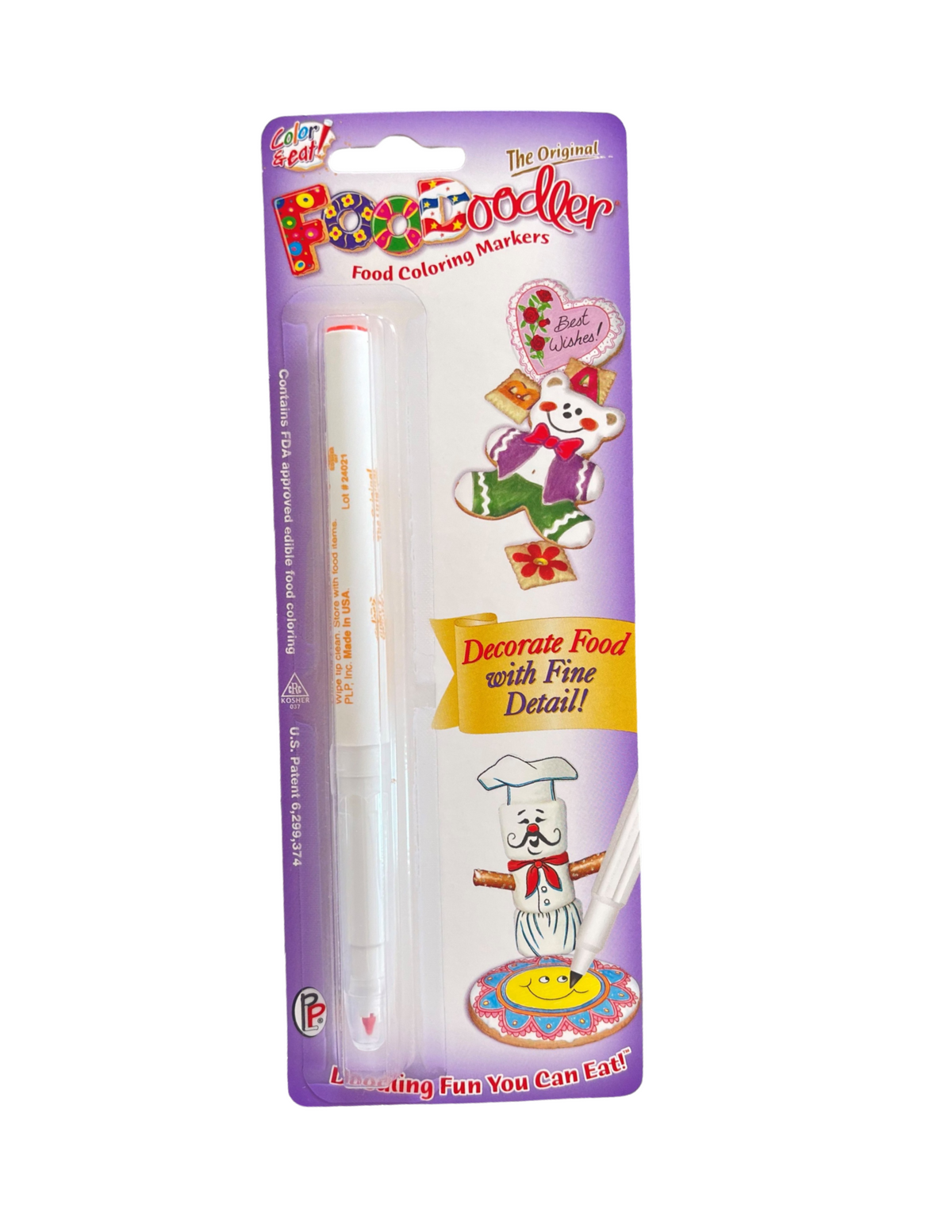 White food coloring marker in a purple package with colorful cartoon illustrations for FooDoodler orange fine line marker