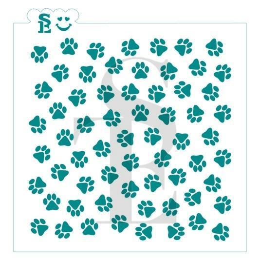 Teal paw prints background se stencil featuring a paw print design with a smiling face logo in the corner