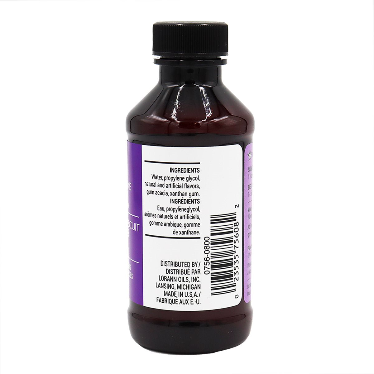 Dark amber glass bottle of princess cake lorann baking emulsion 4 oz with black screw cap and bilingual ingredients label