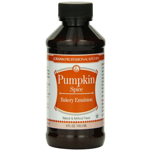A dark amber glass bottle of lorann professional kitchen pumpkin spice bakery emulsion for baking use 4 oz
