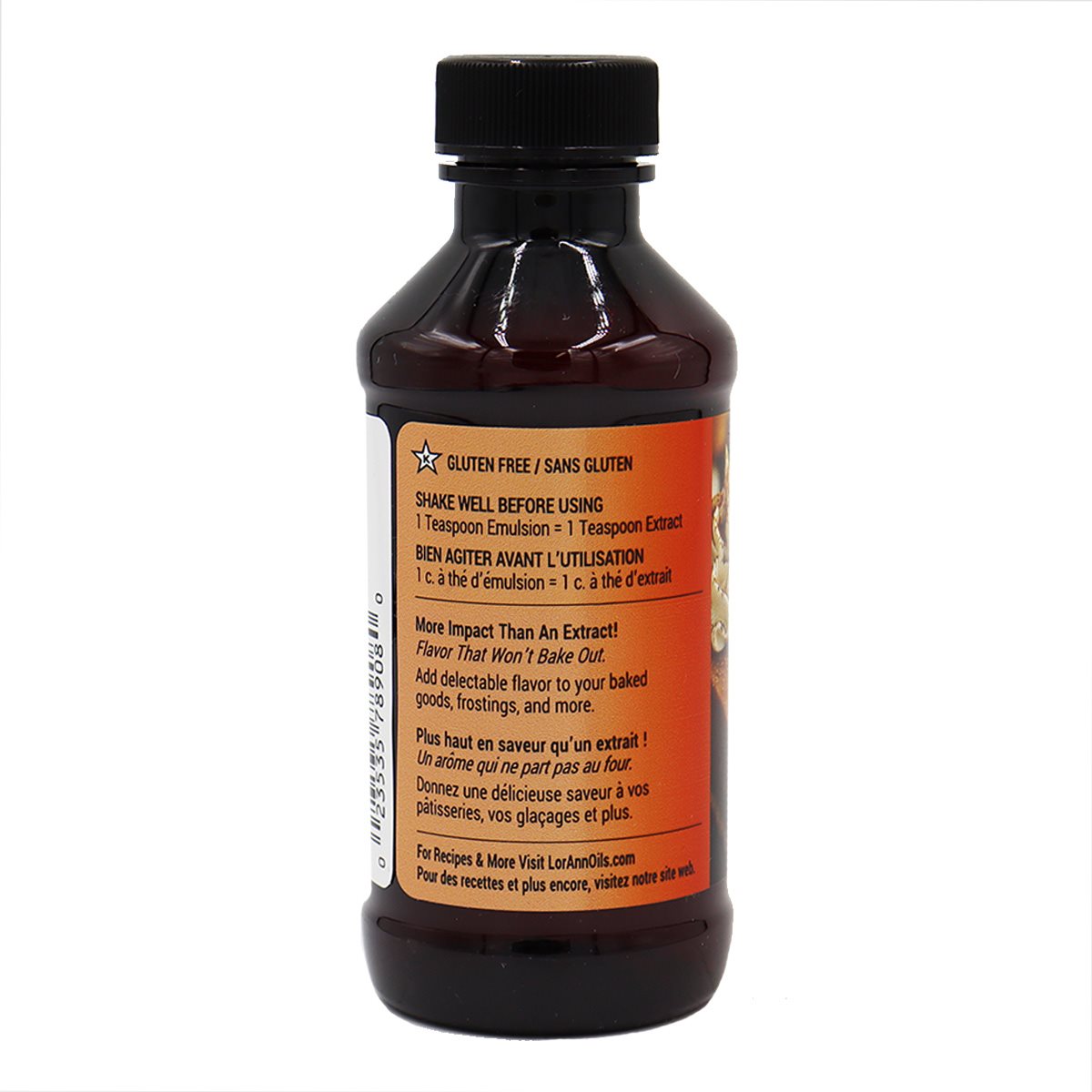 Dark amber glass bottle of pumpkin spice lorann baking emulsion 4 oz with black screw-top and orange bilingual label