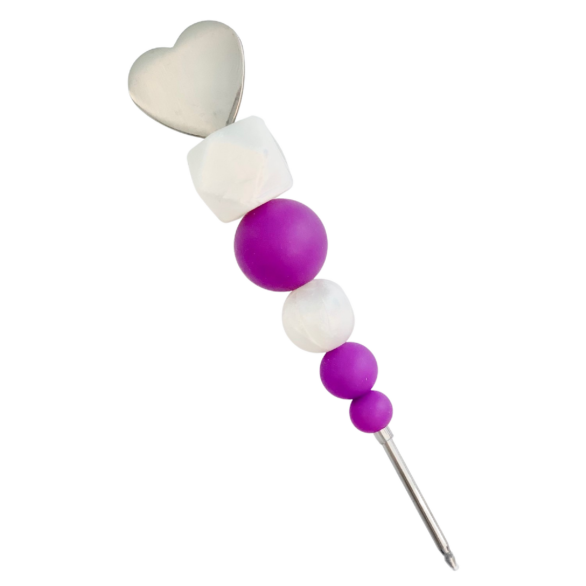 Classic chic purple cookie scribe featuring a silver heart bead white faceted cube and matte purple spheres on metal skewer