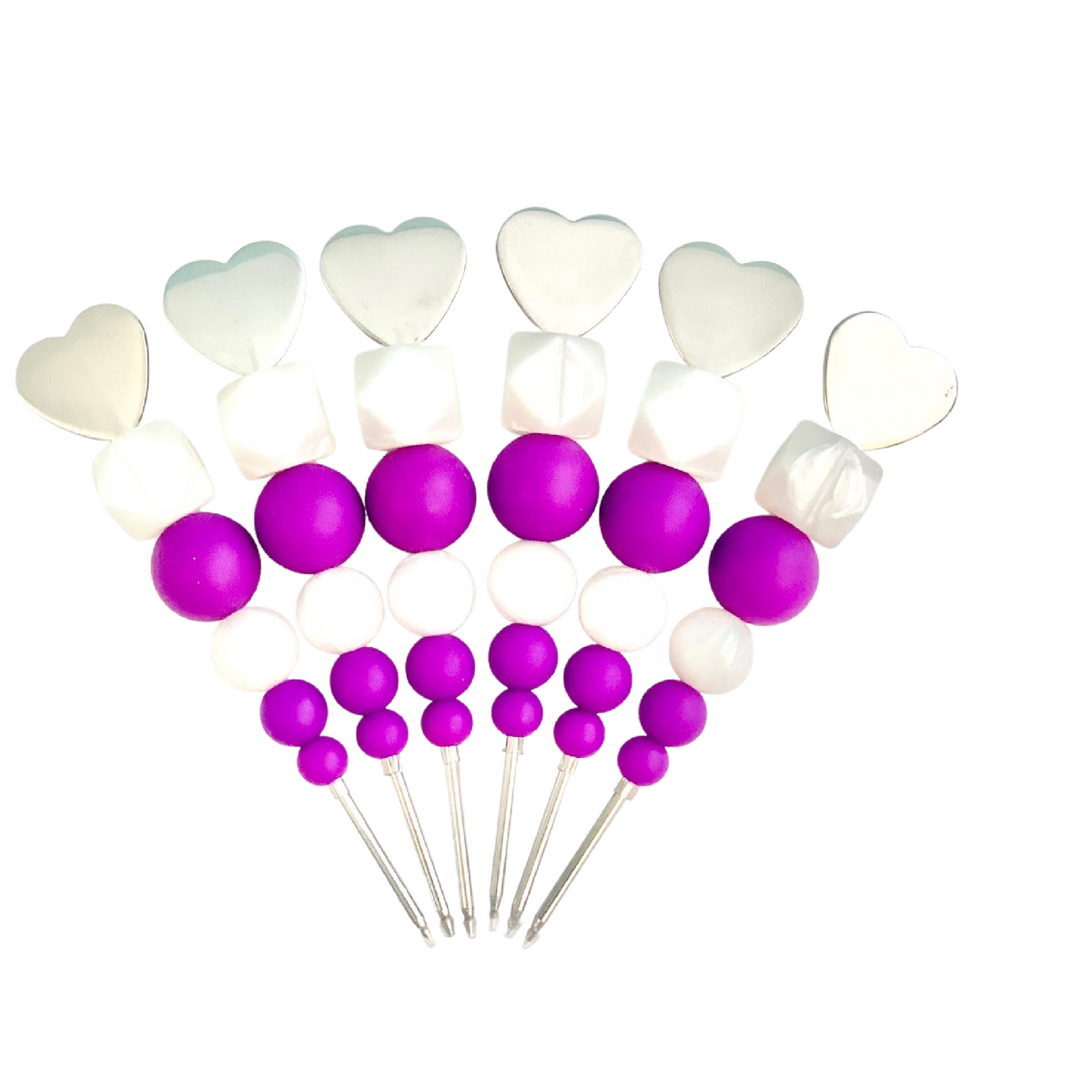 Set of classic chic purple cookie scribe cake toppers with shiny white hearts and purple beads on metal sticks