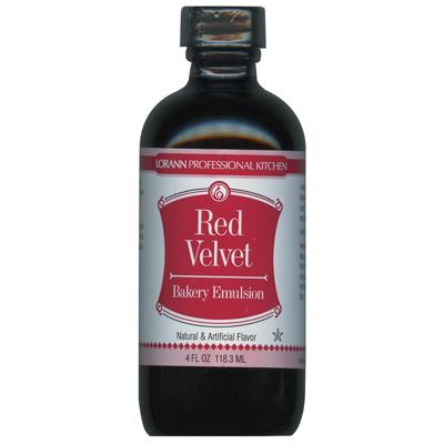 Red velvet lorann professional kitchen baking emulsion in a dark glass bottle with red and white label 4 oz