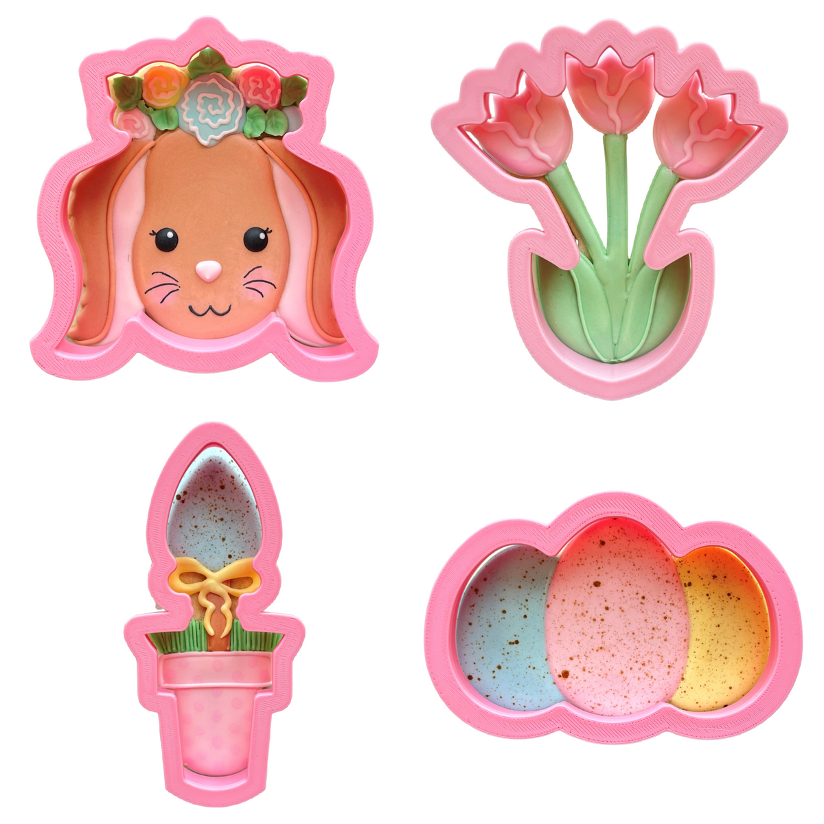 Rustic easter online decorating class recording featuring pink silicone bunny baking molds with floral designs and easter eggs