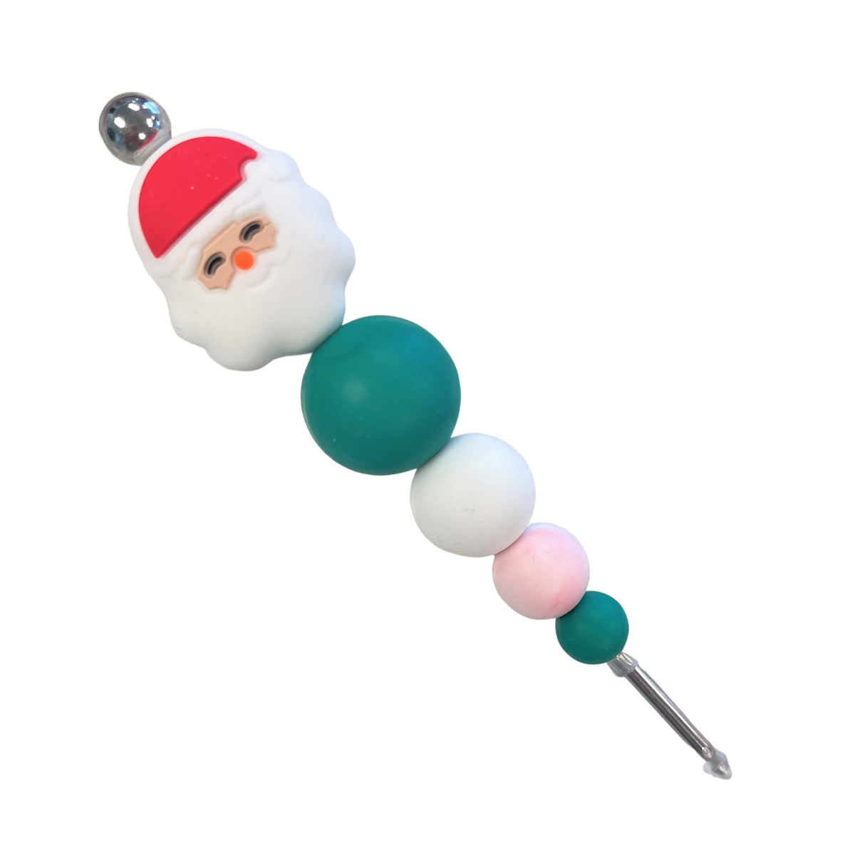 Jolly Santa cookie scribe crochet hook with red hat white beard teal white and pink beads and silver metallic tip