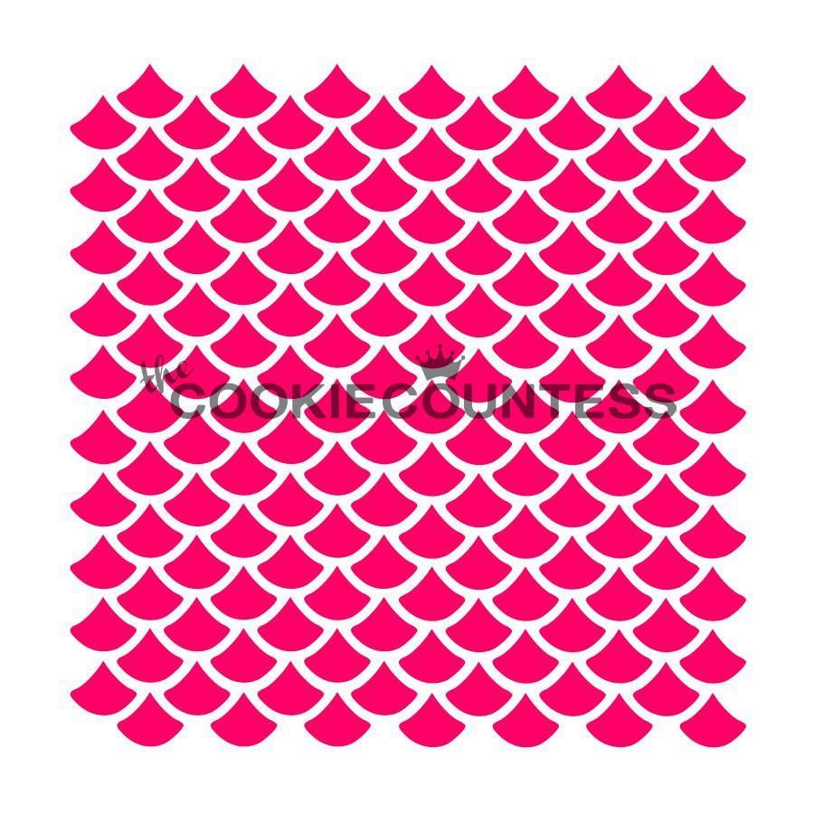 Bright pink scales stencil with a white border featuring a mermaid scale pattern for crafting and decorating