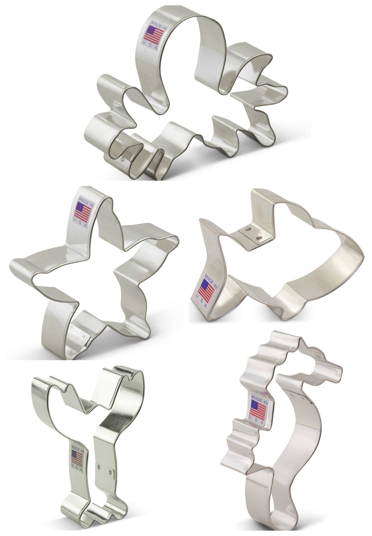 Set of five stainless steel sea-themed cookie cutters featuring octopus starfish dolphin seahorse and whale for decorating class recording