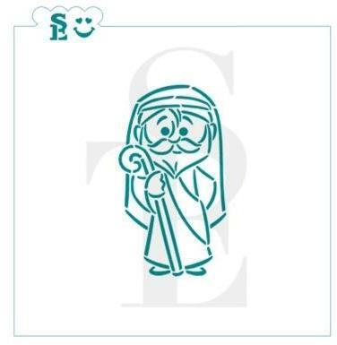 Teal line-art stencil of a bearded shepherd figure in robes holding a staff nativity pyo se stencil design