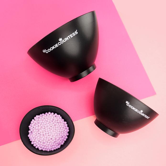 Set of 3 small black silicone mixing bowls with white cookiecountess branding for cookie decorating