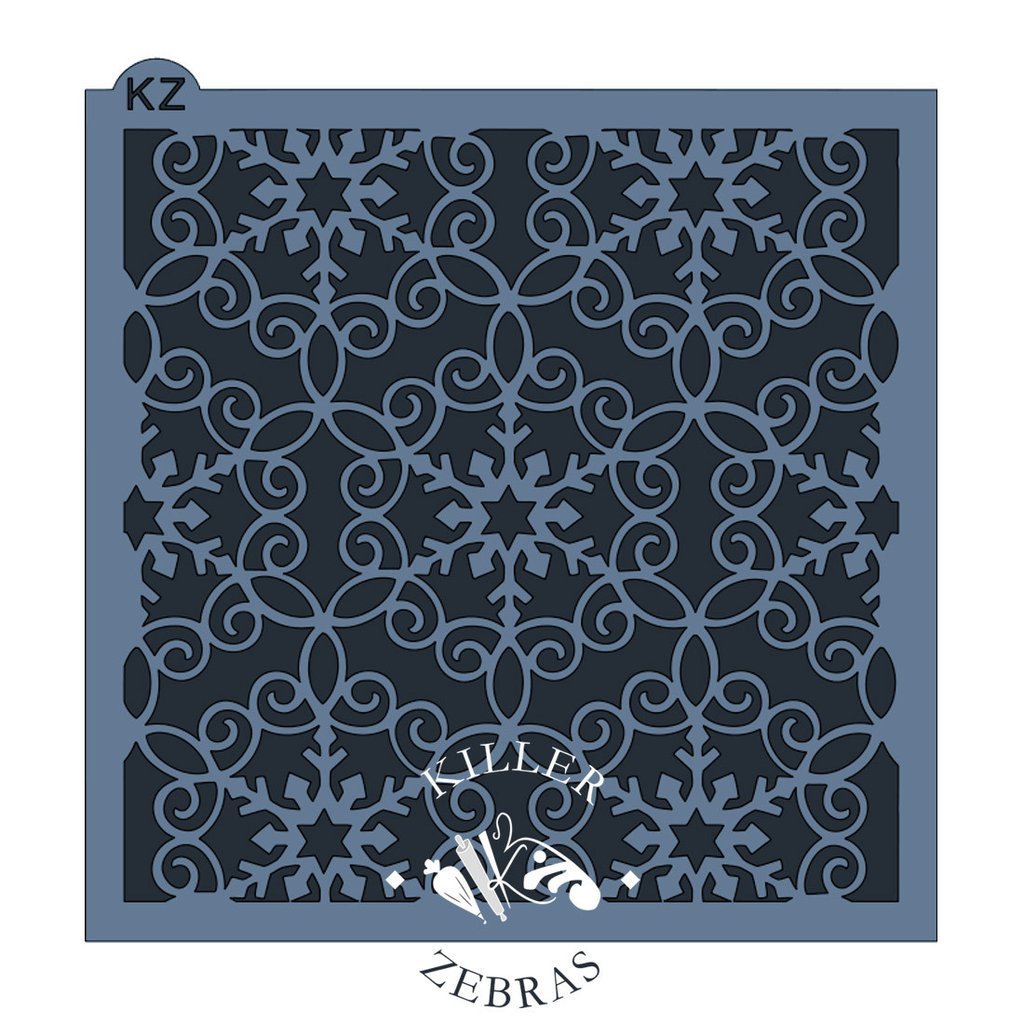 Blue-gray metal stencil featuring intricate snowflake and swirl patterns for detailed lace designs