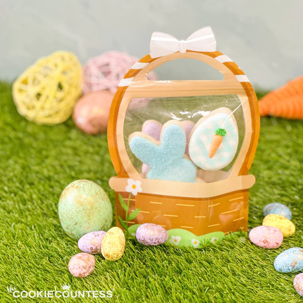 Pastel-colored spring basket cookie bag with orange woven design white bow clear front panel 10 bags set