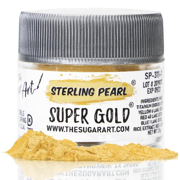 A small clear jar with a silver lid containing sterling pearl super gold edible glitter from super gold the sugar art luster dust