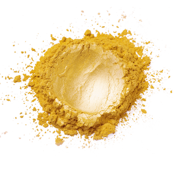 A shimmering golden yellow finely milled luster dust called super gold by the sugar art in a smooth reflective mound