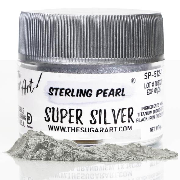 Sterling pearl super silver edible glitter in a clear jar with silver ribbed lid from The Sugar Art luster dust