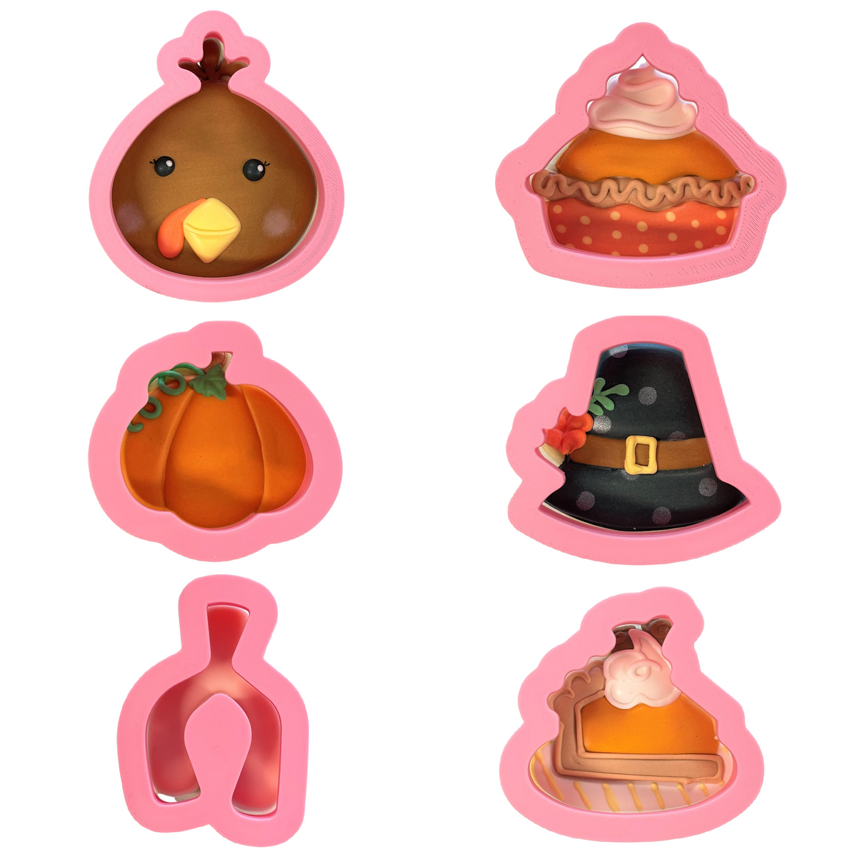 Set of six pink silicone mini thanksgiving classic cookie cutters with festive designs including chicken and pumpkin pie